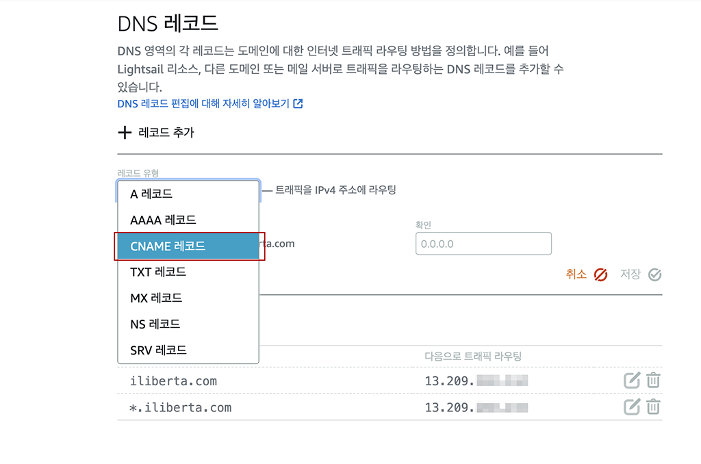 CNAME 레코드 선택하기